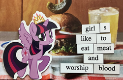 Size: 1280x836 | Tagged: safe, derpibooru import, twilight sparkle, twilight sparkle (alicorn), alicorn, pony, unicorn, g4, burger, food, implied blood, meat, ponymagnets, solo, stock vector