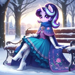 Size: 1024x1024 | Tagged: safe, ai content, derpibooru import, generator:dall-e 3, machine learning generated, starlight glimmer, anthro, unicorn, g4, bench, boots, brooch, classy, cloak, clothes, corset, crossed legs, cute, dress, elegant, female, gloves, high heel boots, high heels, jewelry, looking at you, mare, scarf, shoes, sitting, skirt, smiling, smiling at you, snow, tree, winter
