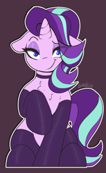 Size: 671x1097 | Tagged: safe, artist:llametsul, derpibooru import, starlight glimmer, pony, unicorn, g4, bedroom eyes, chest fluff, choker, clothes, ears, eye clipping through hair, eyeshadow, female, floppy ears, looking at you, makeup, mare, purple background, raised hoof, raised leg, simple background, smiling, smiling at you, smug, socks, solo, stockings, thigh highs