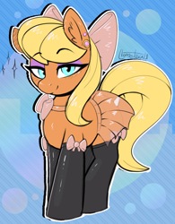 Size: 856x1095 | Tagged: safe, artist:llametsul, derpibooru import, ms. harshwhinny, earth pony, pony, g4, bedroom eyes, bow, clothes, ear piercing, earring, eyeshadow, female, jewelry, looking at you, makeup, mare, piercing, skirt, solo, stockings, thigh highs