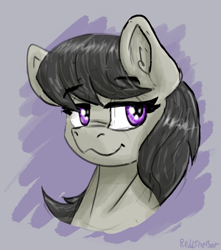 Size: 1311x1486 | Tagged: safe, artist:reddthebat, derpibooru import, octavia melody, earth pony, pony, g4, :3, bust, eyebrows, eyebrows visible through hair, female, gray background, lidded eyes, mare, signature, simple background, smiling, solo