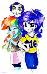 Size: 2076x3232 | Tagged: safe, artist:liaaqila, derpibooru import, rainbow dash, rarity, human, equestria girls, g4, confused, dirt, eye clipping through hair, eyebrows, eyebrows visible through hair, football, hypnosis, looking at you, one eye closed, open mouth, shhh, simple background, sports, swirly eyes, white background, wink, winking at you
