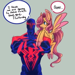 Size: 2048x2048 | Tagged: safe, artist:jestingheart, derpibooru import, fluttershy, human, pegasus, pony, g4, crossover, dialogue, female, human male, i think we're gonna have to kill this guy, male, mare, marvel, meme, miguel o'hara, simple background, spider-man, spider-man 2099, spider-man: across the spider-verse