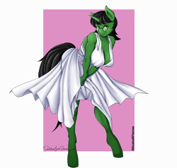 Size: 1058x1007 | Tagged: safe, artist:drakkonfyre draws, derpibooru import, oc, oc only, oc:ambitious gossip, anthro, pony, unicorn, breasts, cleavage, clothes, dress, female, glasses, marilyn monroe, solo