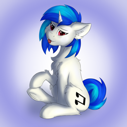 Size: 3000x3000 | Tagged: safe, artist:flapstune, derpibooru import, dj pon-3, vinyl scratch, pony, unicorn, g4, chest fluff, ear fluff, ears, female, fluffy, frog (hoof), gradient background, horn, looking at you, mare, red eyes, sitting, smiling, solo, tongue, tongue out, underhoof