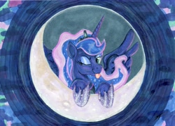 Size: 8291x6003 | Tagged: safe, artist:trancepony, derpibooru import, princess luna, alicorn, pony, g4, bust, crescent moon, female, looking at you, mare, moon, one eye closed, smiling, smiling at you, solo, spread wings, tongue, tongue out, traditional art, wings, wink, winking at you