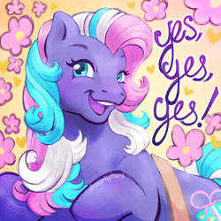 Size: 1280x1280 | Tagged: safe, artist:sparkytopia, derpibooru import, razzaroo, earth pony, pony, g3, blue eyes, bust, cute, digital art, female, flower, g3betes, happy, heart, heart eyes, looking at you, mare, multicolored hair, multicolored mane, open mouth, open smile, portrait, signature, simple background, smiling, smiling at you, solo, teeth, wingding eyes, yellow background, yes yes yes