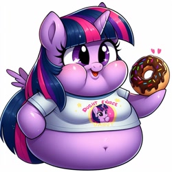 Size: 1024x1024 | Tagged: safe, ai content, artist:inflationvideo, derpibooru import, machine learning generated, twilight sparkle, twilight sparkle (alicorn), alicorn, g4, donut, fat, food, obese, simple background, solo, twilard sparkle, white background