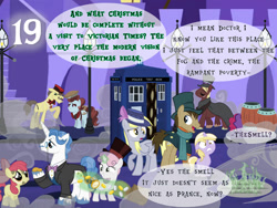Size: 1032x774 | Tagged: safe, artist:bronybyexception, derpibooru import, apple bloom, big macintosh, carrot cake, cup cake, derpy hooves, dinky hooves, doctor whooves, fancypants, sweetie belle, g4, advent calendar, cloak, clothes, doctor who, facial scar, food, hat, mrs lovett, palette swap, pickpocketing, pie, pocket watch, recolor, scar, scarf, stealing, streetlight, sweeney todd, tardis, top hat