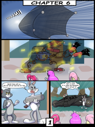 Size: 6000x8000 | Tagged: safe, artist:chedx, derpibooru import, fluttershy, pinkie pie, cat, earth pony, pegasus, rabbit, comic:learning with pibby glitch battles, g4, animal, batmobile, boxy boo, bugs bunny, comic, commission, community related, corrupted, crossover, error, glitch, multiverse, pibby, tom the cat