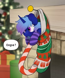 Size: 2243x2701 | Tagged: safe, artist:mochi_nation, derpibooru import, oc, oc only, oc:polaris starshine, pony, unicorn, candy, candy cane, christmas, christmas lights, christmas stocking, christmas tree, clothes, commission, dialogue, female, food, holiday, hoof hold, mare, oops, present, socks, solo, speech bubble, striped socks, tiny, tiny ponies, tree, ych result