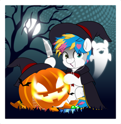 Size: 4878x5000 | Tagged: safe, artist:jhayarr23, derpibooru import, ghost, pegasus, pony, undead, awsten knight, candy, cape, clothes, commission, dyed mane, dyed tail, evil grin, food, grin, halloween, hat, heterochromia, holiday, hoof hold, jack-o-lantern, jewelry, knife, looking at you, male, moon, necklace, outdoors, ponified, pumpkin, sitting, smiling, solo, species swap, stallion, tail, tree, waterparks, witch hat