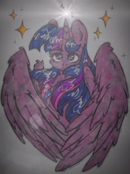 Size: 2448x3266 | Tagged: safe, artist:starkey, derpibooru import, twilight sparkle, twilight sparkle (alicorn), alicorn, pony, g4, chest fluff, ear fluff, ears, folded wings, large wings, leonine tail, partially open wings, stars, tail, traditional art, wide eyes, wings