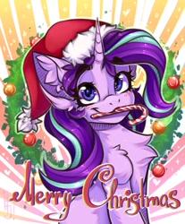 Size: 1400x1689 | Tagged: safe, artist:falafeljake, derpibooru import, starlight glimmer, pony, unicorn, g4, blush lines, blushing, bust, candy, candy cane, chest fluff, christmas, christmas wreath, cute, ear fluff, ears, female, fluffy, food, glimmerbetes, hat, holiday, looking at you, mare, merry christmas, mouth hold, santa hat, shoulder fluff, sitting, smiling, smiling at you, solo, wreath