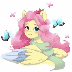 Size: 2048x2048 | Tagged: safe, artist:mikkybun, derpibooru import, fluttershy, butterfly, pegasus, pony, g4, blushing, bust, clothes, colored wings, colored wingtips, cute, female, flower, flower in hair, mare, multicolored wings, scarf, shyabetes, signature, simple background, solo, sternocleidomastoid, white background, wings