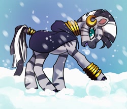 Size: 2700x2308 | Tagged: safe, artist:opalacorn, derpibooru import, zecora, zebra, g4, cloak, clothes, female, lidded eyes, looking down, mare, open mouth, open smile, smiling, snow, snowfall, solo, winter