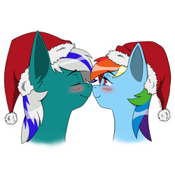 Size: 2000x2000 | Tagged: safe, artist:erein, derpibooru import, rainbow dash, oc, oc:blue star, changeling, pegasus, pony, g4, bedroom eyes, blushing, boop, canon x oc, changeling oc, christmas, colored, commission, cute, ears up, eyes closed, female, flat colors, happy, hat, holiday, male, multicolored hair, nose wrinkle, noseboop, santa hat, simple background, smiling, white background