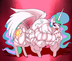 Size: 1200x1024 | Tagged: safe, artist:baronbulge, derpibooru import, princess celestia, alicorn, pony, g4, female, mare, muscles, overdeveloped muscles, princess musclestia, solo, tongue, tongue out