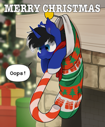 Size: 2243x2701 | Tagged: safe, alternate version, artist:mochi_nation, derpibooru import, oc, oc only, oc:night reader, bat pony, pony, unicorn, alternate character, candy, candy cane, christmas, christmas lights, christmas stocking, christmas tree, clothes, commission, food, holiday, male, scarf, solo, stallion, tiny, tiny ponies, tree, ych result