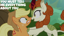 Size: 2000x1125 | Tagged: safe, derpibooru import, edit, edited screencap, editor:quoterific, screencap, applejack, autumn blaze, earth pony, kirin, pony, g4, sounds of silence, applejack's hat, bipedal, clothes, cowboy hat, duo, duo female, female, hat, mare