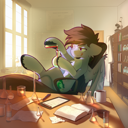 Size: 3000x3000 | Tagged: safe, artist:o0o-bittersweet-o0o, derpibooru import, oc, oc only, oc:luck, pegasus, pony, beaker, book, chest fluff, clothes, coffee, commission, crossed legs, desk, ears, flask, floppy ears, holding, indoors, lab coat, laboratory, looking at something, male, microscope, mug, partially open wings, periodic table, shelf, sitting, solo, stallion, table, test tube, tongue, tongue out, window, wings