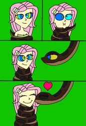 Size: 407x593 | Tagged: safe, artist:beecartoonist13, derpibooru import, fluttershy, human, snake, equestria girls, g4, ^^, bikini, breasts, clothes, coiling, coils, comic, cute, duo, eyes closed, green background, gulp, heart, hootershy, humanized, hypno eyes, hypnoshy, hypnosis, hypnotized, kaa, kaa eyes, kiss on the cheek, kissing, shyabetes, simple background, sleeping, swimsuit, wrapped up