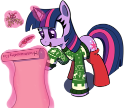 Size: 797x686 | Tagged: safe, artist:maretian, derpibooru import, twilight sparkle, pony, unicorn, g4, checklist, clothes, female, list, mare, mistletoe, quill, raised hoof, raised leg, simple background, smiling, socks, solo, sweater, transparent background, twilight being twilight