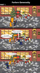 Size: 1920x3516 | Tagged: safe, artist:platinumdrop, derpibooru import, derpy hooves, oc, earth pony, pegasus, pony, comic:forlorn generosity, g4, 3 panel comic, apology, bell, bits, charity, christmas, christmas ornaments, christmas tree, closed door, clothes, colt, comic, commission, costume, donation, door, ears, elf costume, elf hat, excited, feathered hat, female, floppy ears, foal, folded wings, front door, green scarf, hat, hearth's warming, holiday, jewelry, male, mare, mouth hold, necklace, nervous, onomatopoeia, open mouth, ornaments, outdoors, outfit, red scarf, sad, scarf, sign, smiling, snow, snowfall, sound effects, speech, speech bubble, storefront, talking, toy, toy store, tree, trio, walking, wall of tags, window, wings, winter