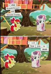 Size: 628x911 | Tagged: safe, derpibooru import, apple bloom, sweetie belle, earth pony, pony, unicorn, g4, clubhouse, crusaders clubhouse, implied violence, ponymagnets, stock vector, threatening, tree stump, treehouse