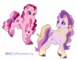 Size: 1534x1211 | Tagged: safe, artist:caffeinatedcarny, derpibooru exclusive, derpibooru import, fluttershy (g3), valenshy, earth pony, pony, g3, coat markings, colored hooves, duo, flower, flower in hair, hair tie, open mouth, open smile, redesign, running, simple background, smiling, socks (coat marking), transparent background, unshorn fetlocks