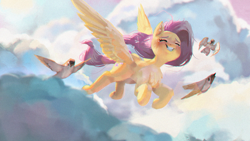 Size: 3840x2160 | Tagged: safe, artist:haku nichiya, derpibooru import, fluttershy, bird, pegasus, pony, g4, cloud, day, pink hair, sky, solo, yellow skin