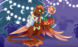 Size: 4500x2748 | Tagged: safe, artist:greenmaneheart, derpibooru import, oc, oc:pavlos, griffon, broken bone, broken wing, cast, christmas, christmas tree, clothes, colored wings, commission, confused, eared griffon, griffon oc, happy, holiday, injured, leg fluff, male, one wing out, open mouth, present, sling, solo, sweater, tree, wing fluff, wings
