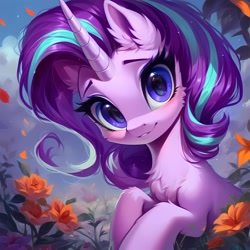 Size: 1600x1600 | Tagged: safe, ai content, derpibooru import, generator:stable diffusion, machine learning generated, starlight glimmer, pony, unicorn, g4, cheek fluff, chest fluff, cute, ear fluff, ears, female, flower, generator:ponydiffusion, looking at you, mare, prompter:ramprover, smiling, smiling at you, solo