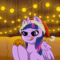 Size: 1024x1024 | Tagged: safe, derpibooru import, twilight sparkle, twilight sparkle (alicorn), alicorn, pony, g4, christmas, christmas tree, commission, cookie, food, garland, hat, holiday, result ych, santa hat, sofa, solo, tree, your character here