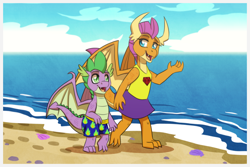 Size: 1772x1181 | Tagged: safe, artist:inuhoshi-to-darkpen, derpibooru import, smolder, spike, dragon, g4, beach, blue eyes, clothes, dragon horns, dragon tail, dragon wings, dragoness, ear fins, eyebrows, eyelashes, fangs, female, fins, green eyes, horns, looking at each other, looking at someone, male, open mouth, sand, shirt, skirt, sleeveless, sleeveless shirt, slit eyes, swimsuit, tail, trunks, water, wings
