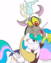 Size: 629x777 | Tagged: safe, artist:creepybirdextra, derpibooru import, discord, princess celestia, alicorn, draconequus, g4, antlers, cropped, duo, duo male and female, female, friendshipping, horn, ibispaint x, male, one eye closed, open mouth, raised hand, screenshots, simple background, smiling, white background