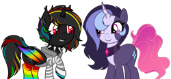 Size: 2025x939 | Tagged: safe, artist:arshe12, derpibooru import, oc, oc only, oc:glare cross, oc:night rainbow, alicorn, bat pony, bat pony alicorn, pony, unicorn, alicorn oc, bat pony oc, bat wings, choker, clothes, coat markings, commission, duo, ear piercing, earring, fangs, female, grin, hoodie, horn, jewelry, looking at each other, looking at someone, mare, multicolored hair, piercing, rainbow hair, rainbow socks, raised hoof, raised leg, simple background, smiling, socks, spiked choker, striped socks, transparent background, wing piercing, wings, wristband, ych result