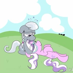 Size: 614x614 | Tagged: safe, artist:creepybirdextra, derpibooru import, diamond tiara, silver spoon, g4, cropped, duo, duo female, female, filly, foal, grass, ibispaint x, jewelry, looking at each other, looking at someone, screenshots, tiara