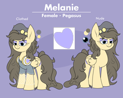 Size: 2772x2205 | Tagged: safe, artist:moonatik, derpibooru import, oc, oc only, oc:melanie mousse, pegasus, pony, badge, commission, female, hat, headphones, hipster, mare, messy mane, pegasus oc, reference sheet, solo