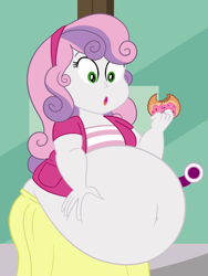 Size: 1080x1440 | Tagged: safe, artist:scobionicle99, derpibooru import, sweetie belle, human, equestria girls, g4, :o, belly, belly button, big belly, donut, fat, female, fetish, food, huge belly, inflation, obese, open mouth, solo, sweetie belly