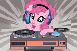 Size: 1152x768 | Tagged: safe, ai content, artist:ncolque, derpibooru import, machine learning generated, dj pon-3, pinkie pie, vinyl scratch, earth pony, pony, g4, female, headphones, mare, solo, turntable