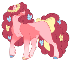 Size: 1321x1118 | Tagged: safe, artist:kitschykricket, derpibooru import, earth pony, pony, belly fluff, bow, chest fluff, floral head wreath, flower, gradient legs, hair bow, hair over eyes, head turn, mismatched hooves, pale belly, raised hoof, raised leg, shoulder fluff, simple background, solo, tail, tail bow, tongue, tongue out, transparent background