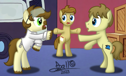 Size: 4160x2524 | Tagged: safe, artist:tidmouthmilk12, derpibooru import, oc, oc:calpain, oc:kettle master, oc:tidmouth milk, earth pony, pony, 60s spider-man, bipedal, clothes, goggles, lab coat, meme, pointing, ponified, ponified meme, signature, spider-man points at spider-man, trio