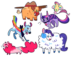 Size: 2048x1658 | Tagged: safe, artist:goatpaste, derpibooru import, applejack, fluttershy, pinkie pie, rainbow dash, rarity, twilight sparkle, bird, boar, cat, chicken, dog, ferret, sheep, g4, dogified, male, mane six, ram, simple background, species swap, white background