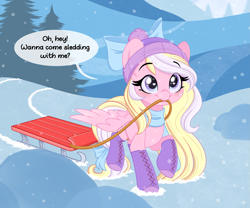 Size: 2403x1995 | Tagged: safe, artist:emberslament, derpibooru import, oc, oc only, oc:bay breeze, pegasus, pony, beanie, blushing, boots, clothes, cute, female, hat, heart, heart eyes, mare, mouth hold, ocbetes, pegasus oc, scarf, shoes, sled, snow, talking to viewer, wingding eyes, wings, winter outfit