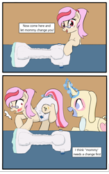 Size: 2021x3209 | Tagged: safe, artist:drasill, derpibooru import, oc, oc only, oc:bright eyes, oc:understudy, earth pony, original species, pony, unicorn, abdl, dialogue, dialogue box, diaper, diaper fetish, earth pony oc, fetish, glasses, horn, levitation, magic, mommy, non-baby in diaper, open diaper, plush pony, plushie, shocked, shocked expression, telekinesis, text, unicorn oc