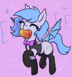 Size: 1960x2100 | Tagged: safe, artist:t72b, derpibooru import, oc, oc only, oc:lucky roll, bat pony, pony, bowtie, clothes, eeee, eyes closed, female, food, fruit, happy, mango, mare, mouth hold, prancing, purple background, simple background, smiling, socks, solo, vest