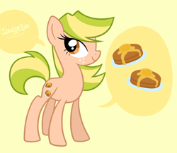 Size: 2300x2000 | Tagged: safe, artist:looji, derpibooru import, oc, oc only, oc:golden syrup, earth pony, pony, cutie mark, female, freckles, high res, mare, show accurate, signature, simple background, smiling, solo, speech bubble, standing, text, yellow background