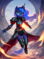 Size: 896x1200 | Tagged: safe, ai content, derpibooru import, generator:pony diffusion v5, generator:stable diffusion, machine learning generated, princess luna, alicorn, anthro, g4, armor, armored pony, clothes, cloud, cute, ethereal hair, ethereal mane, ethereal tail, female, fire, flying, horn, knight, looking at you, mare, promter:twinky, royalty, sky, smiling, solo, tail