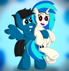 Size: 6422x6600 | Tagged: safe, artist:agkandphotomaker2000, derpibooru import, dj pon-3, vinyl scratch, oc, oc:pony video maker, pegasus, pony, unicorn, belly, bipedal, canon x oc, female, hug, looking at each other, looking at someone, male, red eyes, remake, shipping, spread wings, straight, videoscratch, wings